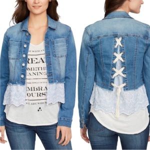 William Rast Jean Jacket Distressed Denim Eyelet Lace Trim Lace Up Back Size S